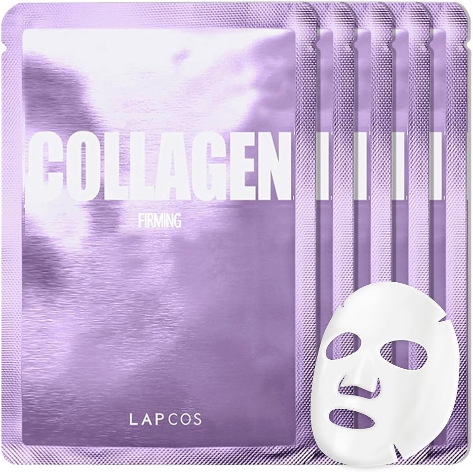 LAPCOS K Beauty Collagen Sheet Mask - Firming & Age-Defying Face Masks with Collagen Peptides - Minimizes Fine Lines & Restores Skin Elasticity - Breathable PT Cell Sheet Korean Skin Care (Pack of 5) - Product Image