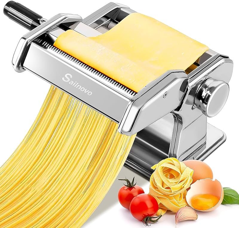 Sailnovo 3 in 1 Pasta Maker Machine - 9 Adjustable Thickness Settings Aluminum Alloy Pasta Roller & 2 Width Cutters for Fresh Spaghetti, Fettuccini, Lasagna, Dumplings - Stainless Steel, Silver - Product Image
