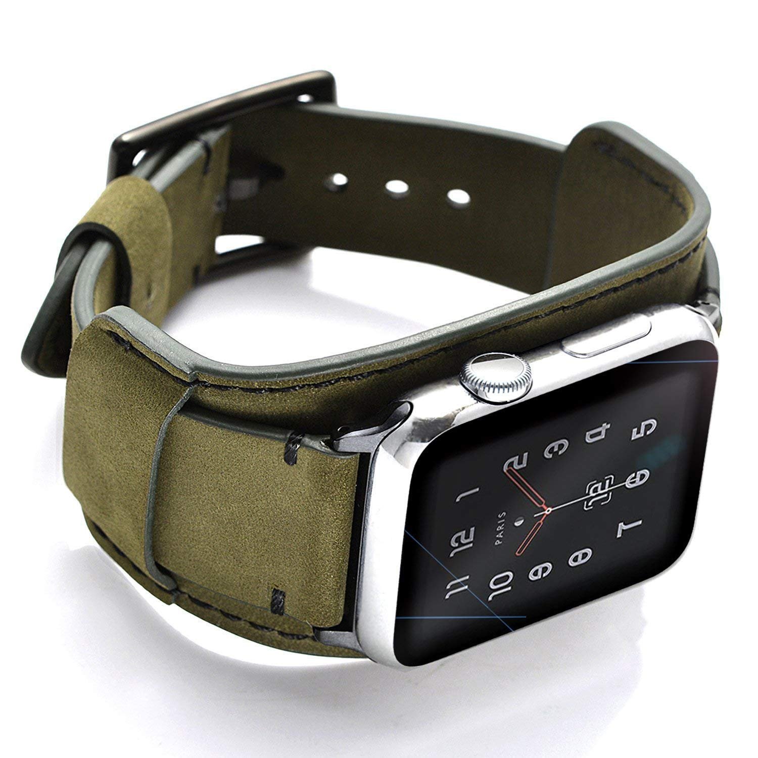 CooBES Compatible with Apple Watch Band 49/46/45/44mm/42mm(Series 3 2 1),Genuine Leather Bracelet Wristband Crazy Horse Cuff Strap Compatible iWatch Ultra/Ultra2 Series 10/9/8/7/6/5/4/3/2/1 (Green) - Product Image