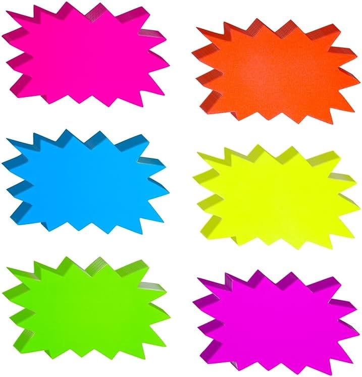 Juvale Neon Starburst Tags - Vibrant Neon for Vision Board & Poster Supplies - Smooth Writing Surface for Bulletin Board Cutouts - Name Tags & Classroom Decor - 60 Ct, 3 x 5 in, 6 Colors - Product Image
