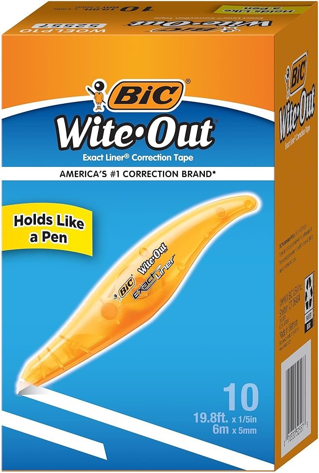 BIC Wite-Out Brand Exact Liner Correction Tape, 19.6 Feet, White, Fast, Clean and Easy to Use Tear-Resistant Tape, 10-Count - Product Image