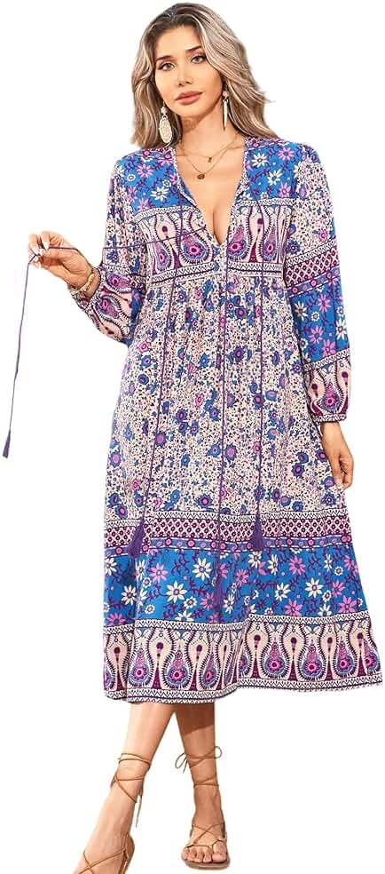 R.Vivimos Women's Long Sleeve Floral Print Retro V Neck Tassel Bohemian Midi Dresses - Product Image