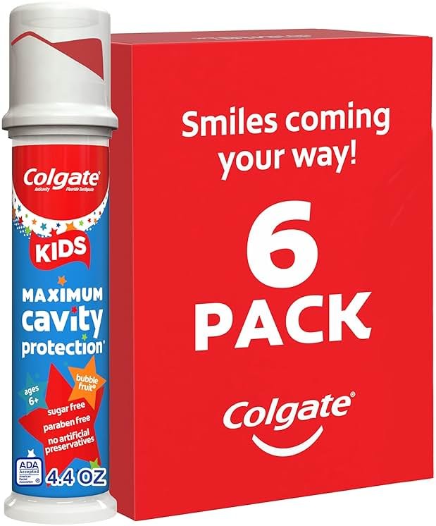 Colgate Kids Toothpaste Pump with Fluoride for Cavity Protection, Ages 6+, ADA Accepted, Bubble Fruit, 4.4 Ounce, 6 Pack - Product Image