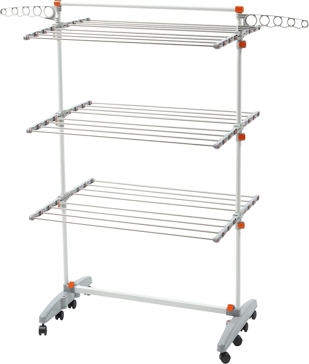 idee BDP-V23 Foldable Rolling 3-Tier Clothes Laundry Drying Rack with Stainless Steel Hanging Rods, Collapsible Shelves and Base for Easy Storage, Made-in-Korea, Premium Size, Orange - Product Image