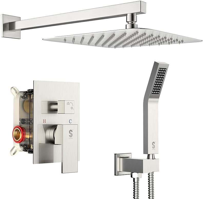 SR SUN RISE 12 Inches Bathroom Luxury Rain Mixer Shower Combo Set Wall Mounted Rainfall Shower Head System Brushed Nickel Finish Shower Faucet Rough-In - Product Image