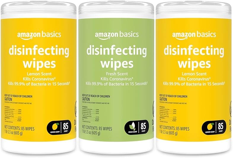 Amazon Basics Disinfecting Wipes, Lemon & Fresh Scent, Sanitizes/Cleans/Disinfects/Deodorizes, 255 Count (2 Packs Lemon, 1 Pack Fresh Scent) - Product Image
