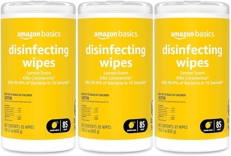 Amazon Basics Disinfecting Wipes, Lemon Scent, for Sanitizing, Cleaning & Deodorizing, 255 Count (3 Packs of 85), Packaging May Vary - Product Image