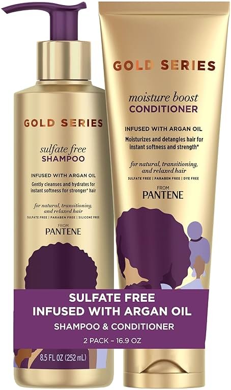 Pantene Shampoo and Sulfate Free Conditioner Kit, with Argan Oil, Pro-V Gold Series, for Natural and Curly Textured Hair, 16.9 fl oz, Kit - Product Image