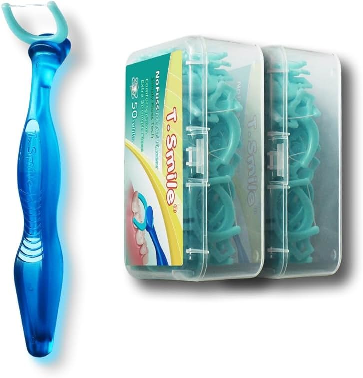 T.Smile NoFuss Dental Flosser Kit, 5-inch Long Handle & Refill Heads, Extra-Strength Floss for Comfortable Clean, Fluoride Free, (1 Blue Handle + 100 Extra-Strength Floss Refills) - Product Image