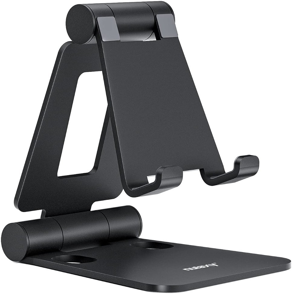 Nulaxy Dual Folding Cell Phone Stand, Fully Adjustable Foldable Desktop Phone Holder Cradle Dock Compatible with iPhone 17 16 15 14 13 12 11 Pro Max Xs Xr X 8, Nintendo Switch, All Phones - Product Image