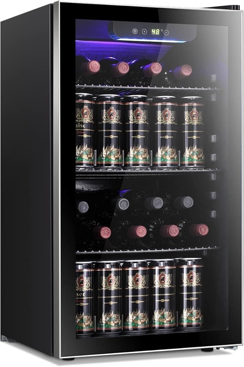 Antarctic Star 26 Bottle 130 Can Wine Cooler/Cabinet Beverage Refrigerator Mini Wine Cellar Beer Soda Clear Glass Door Bar Fridge Quiet Compressor Adjust Temp Freestanding Indoor Use 3.2cu.ft Black - Product Image