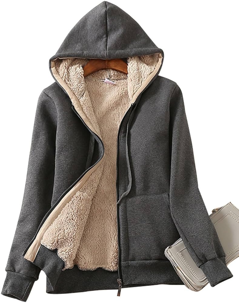 Yeokou Women's Casual Full Zip Up Sherpa Lined Hoodie Sweatshirt Jacket Coat - Product Image