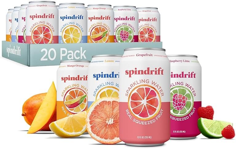 Spindrift Sparkling Water, 4 Flavor Variety Pack, Made with Real Squeezed Fruit, 12 Fl Oz (Pack of 20) - Product Image