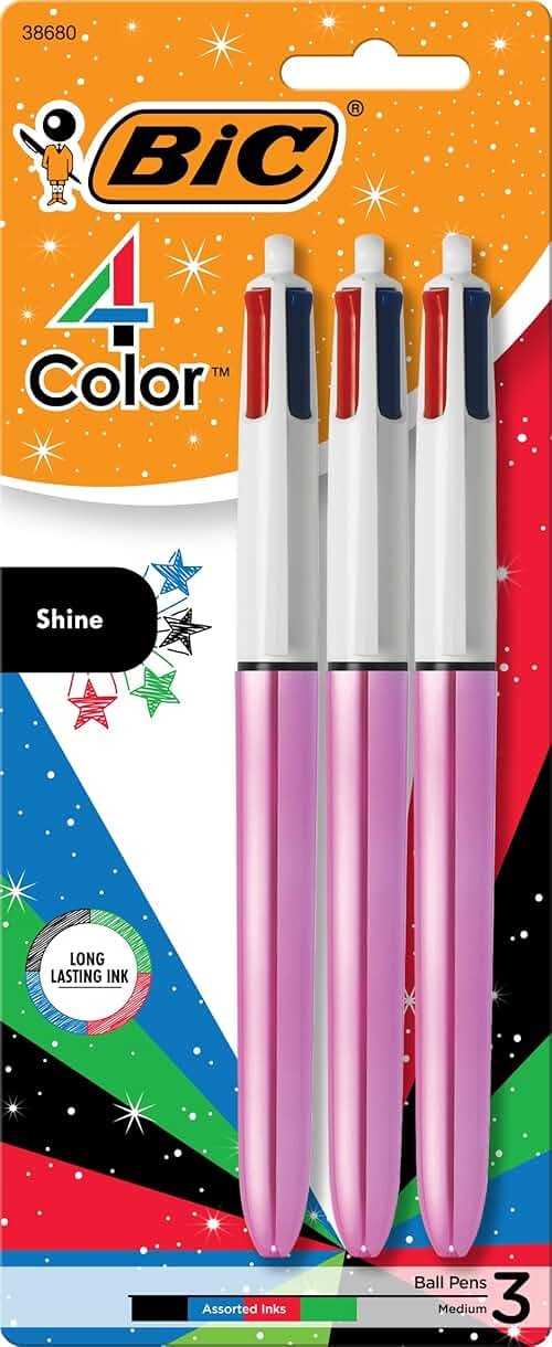 BIC 4-Color Pink Ballpoint Pens, 3-Count Pack in Assorted Colors | Shiny Pink Barrels - Product Image