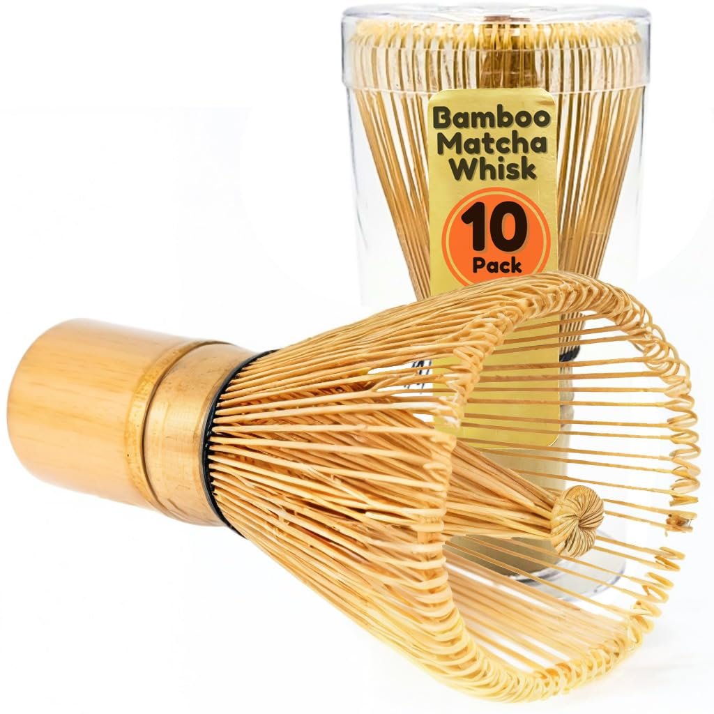 BambooMN Japanese Matcha Whisk Chasen - Traditional Handcurled 100 Tate Matcha Utensil - Natural Golden Brown - 10 Pieces - Product Image