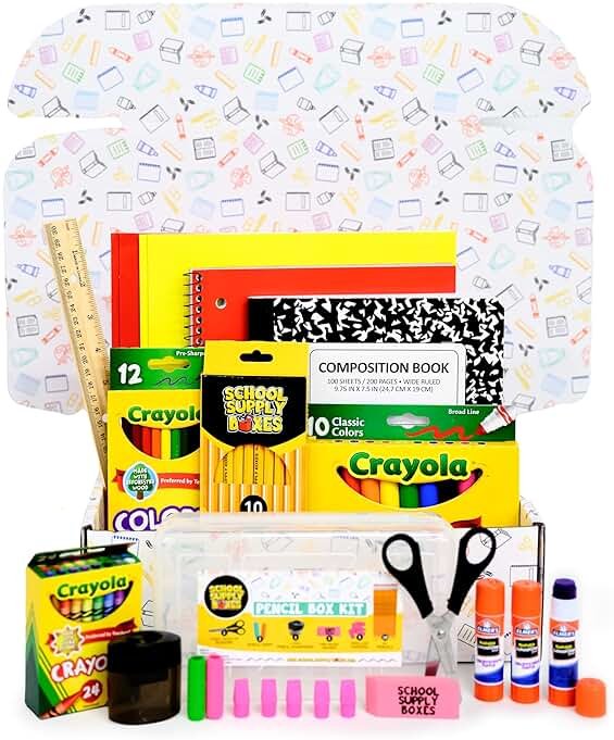 Back to School Supply Box Grades K-5 - School Supply Boxes - 32 Piece School Supplies Kit Includes Markers, Crayons, Pencils, Scissors, Folders, Glue Sticks, Notebook, and Composition Book - Product Image