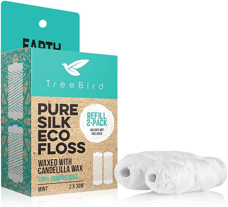 TreeBird Pure Silk Eco Floss Refills | Pack of 2 x 33yd Silk Dental Floss Spools | Waxed with Candelilla Wax | Mint - Product Image