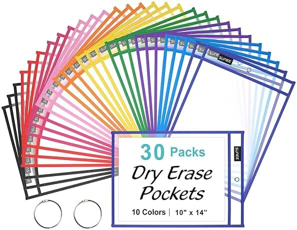 SUNEE 30 Packs Oversized Reusable Dry Erase Pocket Sleeves with 2 Rings, 10 Assorted Colors 10x14 Ticket Holders, Clear Plastic Sheet Protectors, Teacher School Classroom Supplies - Product Image