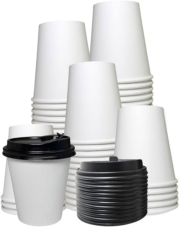 EcoQuality 10oz White Paper Coffee Cups with Black Lids - (25 Count) Disposable Paper Coffee Cups - Hot Drink, Tea, Coffee, Cappuccino, Hot Chocolate, Chai, Chai Latte, Office,Travel - Product Image
