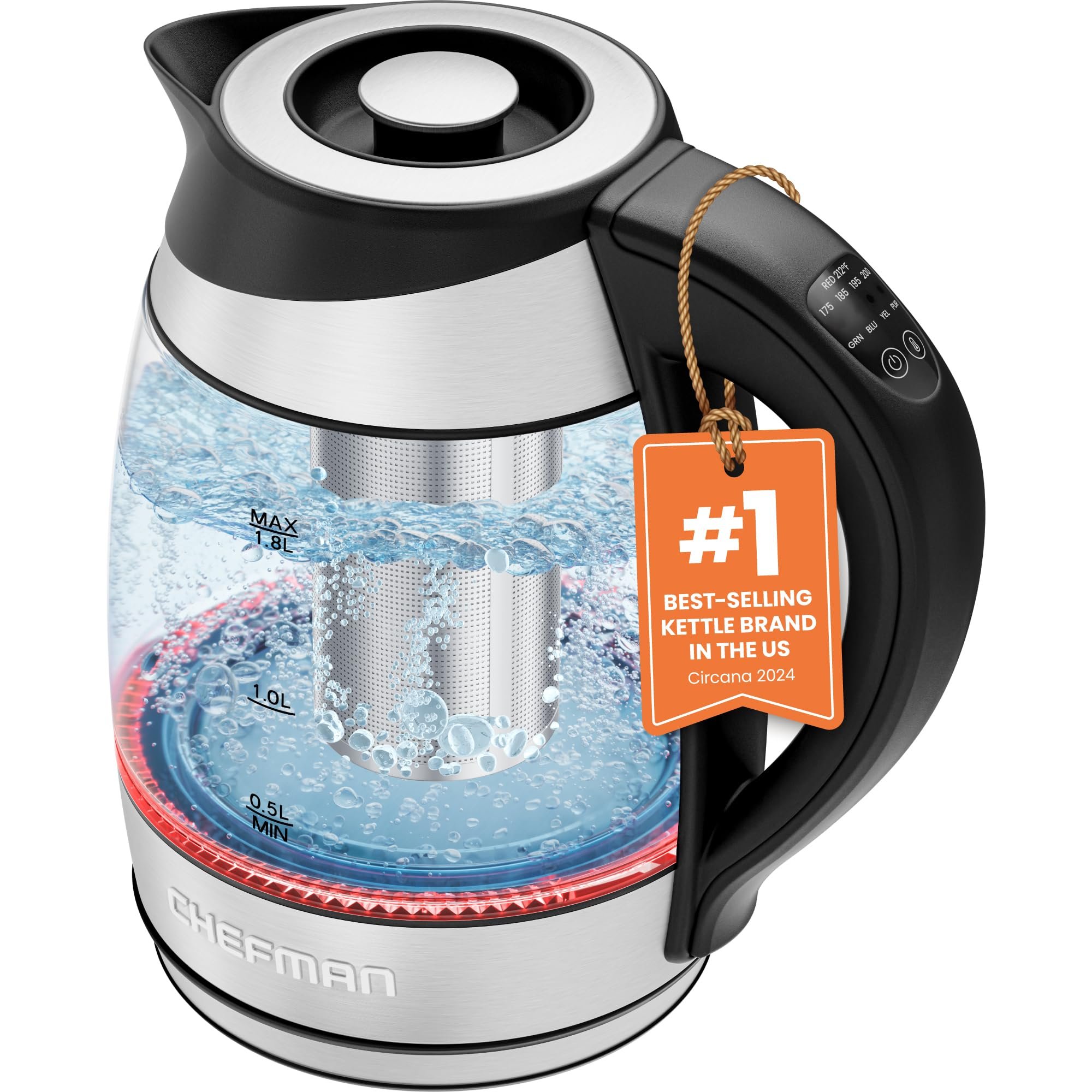 Chefman Electric Kettle with Temperature Control, 5 Presets LED Indicator Lights, Removable Tea Infuser, Glass Tea Kettle & Hot Water Boiler, 360° Swivel Base, BPA Free, Stainless Steel, 1.8 Liters - Product Image