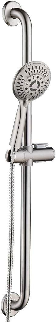 BRIGHT SHOWERS Slide Bar Shower Set with Handheld Shower Head, ADA-Compliant Stainless Steel Grab Bar, Adjustable Height and 69-Inch Hose, Brushed Nickel - Product Image