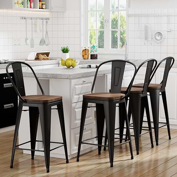 Yongqiang Barstools Set of 4 Counter Height Bar Stools for Kitchen Island Farmhouse Metal High Back Bar Chairs Wooden Seat 24" Matte Black - Product Image