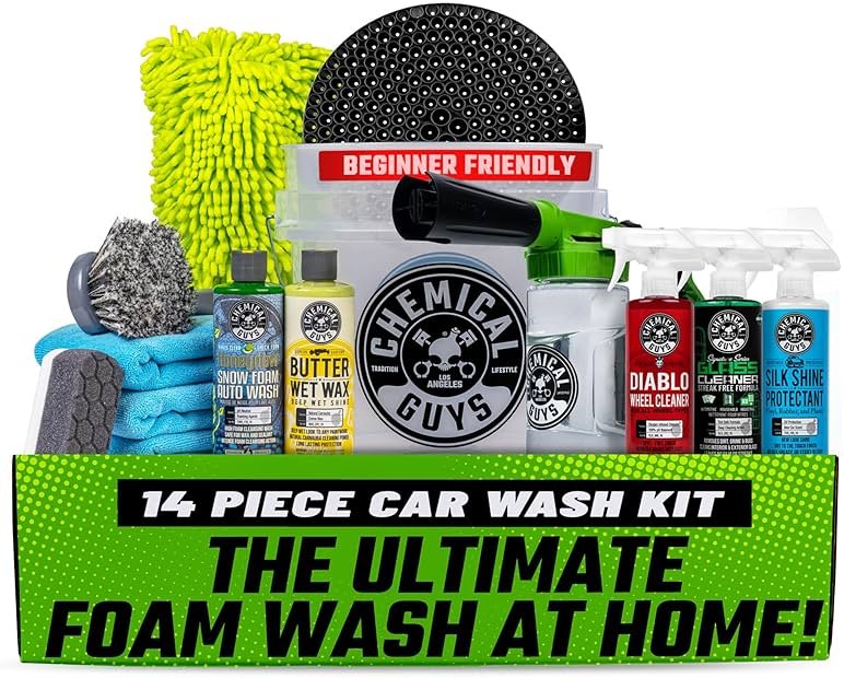 Chemical Guys Car Wash Kit 14-Pc Arsenal Builder - with Foam Blaster, Wash Bucket, Towels, Applicators, and 16 oz Soaps, Waxes, and Cleaners - Complete Car Detailing Gift Set, Works with Garden Hose - Product Image