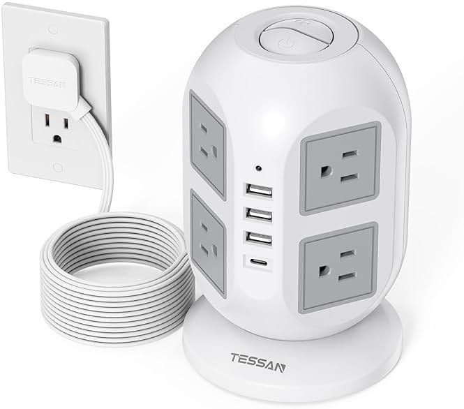 TESSAN Tower Power Strip 10 ft, Long Flat Extension Cord with Multiple Outlets, 8 AC Outlets with 4 USB Ports (1 USB C), Charging Station with, for Home Office Dorm - Product Image