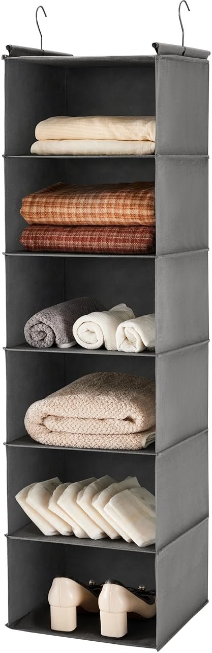 MAX Houser 6 Tier Shelf Hanging Closet Organizer, Closet Hanging Shelf with 2 Sturdy Hooks for Storage, Foldable (Grey) - Product Image