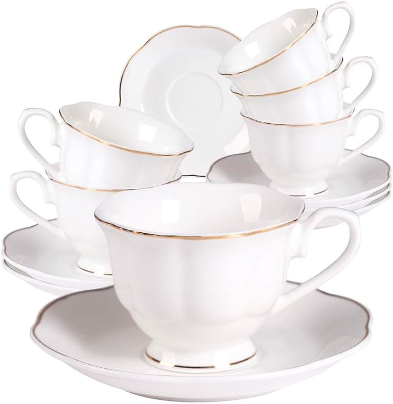 Guangyang 12 pieces Fine Porcelain 2.5oz Cups and Saucers set of 6 Turkish Coffee Cup set for Double Espresso White Color with Gold Trim - Product Image