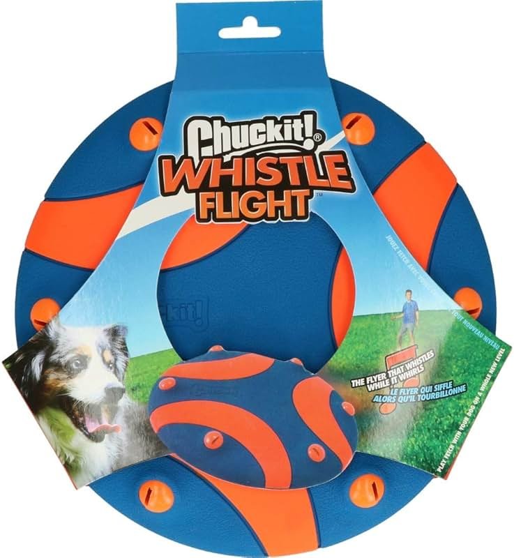 Chuckit! Whistle Flight Outdoor Dog Fetch Toy, Orange/Blue, 10.6" x 1.2" x 11.1", For Medium to Large Dogs - Product Image