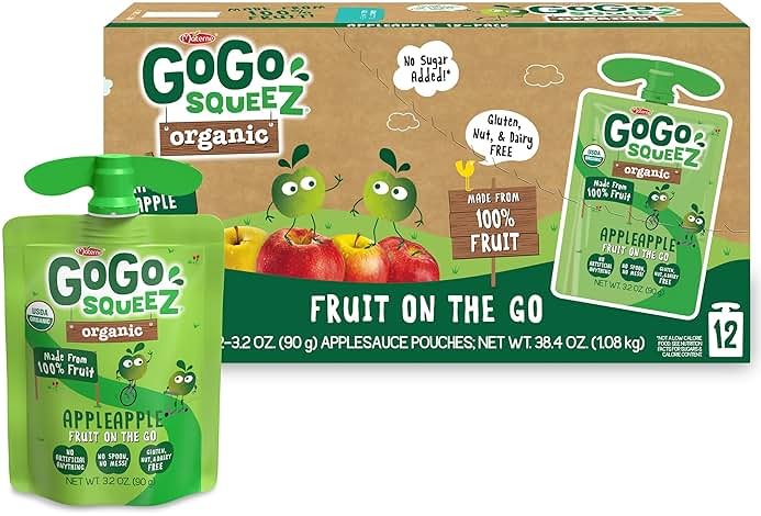 GoGo squeeZ No Sugar Added Organic Applesauce and Fruit Puree, Apple Apple, 3.2 oz Pouches (Pack of 12), Fruit Snacks for Kids, Gluten Free, Nut Free, Recloseable Cap, BPA Free - Product Image