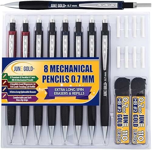 June Gold 8 Pack 0.7 mm HB #2 Mechanical Pencils, Extra Long Spin Eraser, 2 Lead Dispensers/w 220 Refills & 8 Refill Erasers, Break Resistant Lead, Soft Non-Slip Grip - Product Image