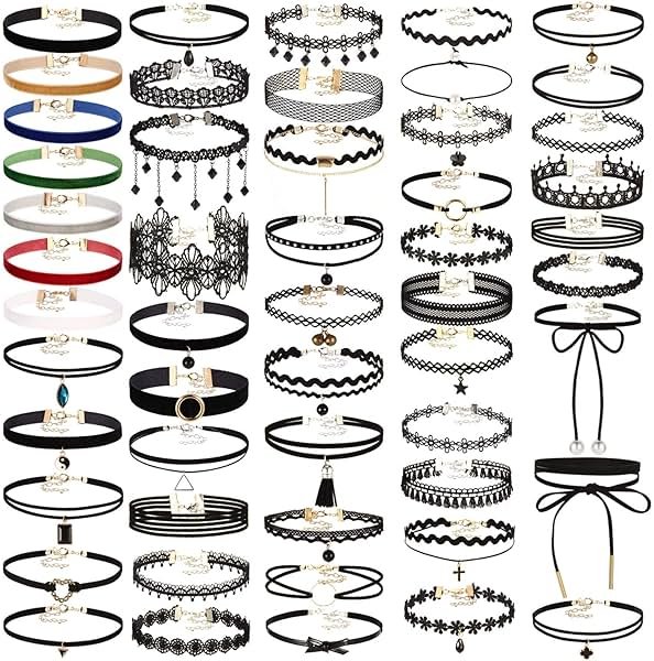 K&Q 52 PCS Choker Necklace, Classic Gothic Black Cute Lace Velvet Collar Choker Necklace Set - Product Image