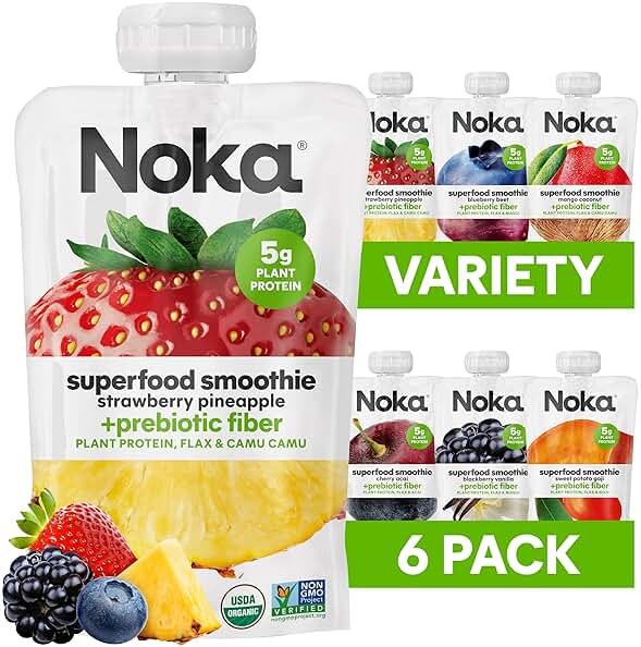 Noka Superfood Fruit Smoothie Pouches Variety Pack, Healthy Snacks with Flax Seed, Plant Protein and Prebiotic Fiber, Vegan and Gluten Free Snacks, Made in USA, Organic Squeeze Pouch, 4.22 oz, 6 Count - Product Image