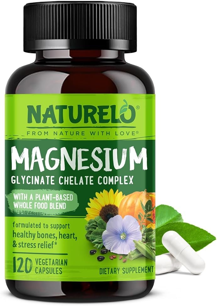 NATURELO Magnesium Glycinate Chelate Complex - 200 mg Magnesium with Organic Vegetables to Support Sleep, Calm, Muscle Cramp & Stress Relief - Gluten Free, Non GMO - 120 Capsules - Product Image