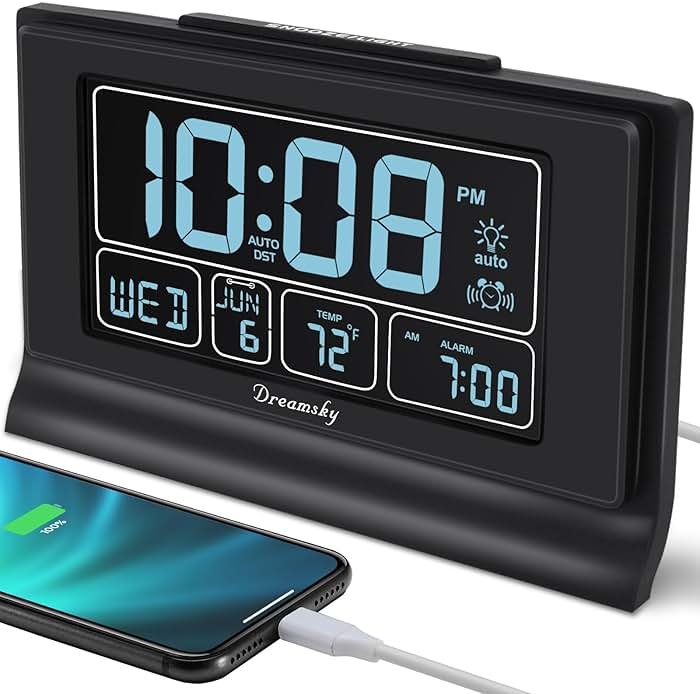 DreamSky Alarm Clocks for Bedrooms with Battery Backup, Auto Set Digital Clock with Date and Day of Week, Temperature, USB Port, Auto DST, Dimmer, 12/24H - Product Image