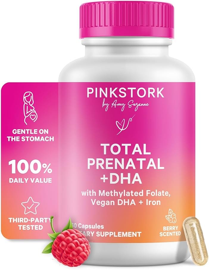 Pink Stork Total Prenatal Vitamins | Vegan DHA, Methylfolate, Iron, Choline, Vitamin B12 | No Fishy Burps | Support Fetal Development | Pregnancy Essentials | Clean Label Award | 60 Capsules, Berry - Product Image