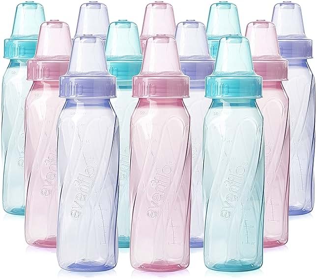 Evenflo Feeding Classic Tinted Plastic Standard Neck Bottles for Baby, Infant and Newborn, Pink/Lavender/Teal, 8 Oz, 12 Bottles - Product Image