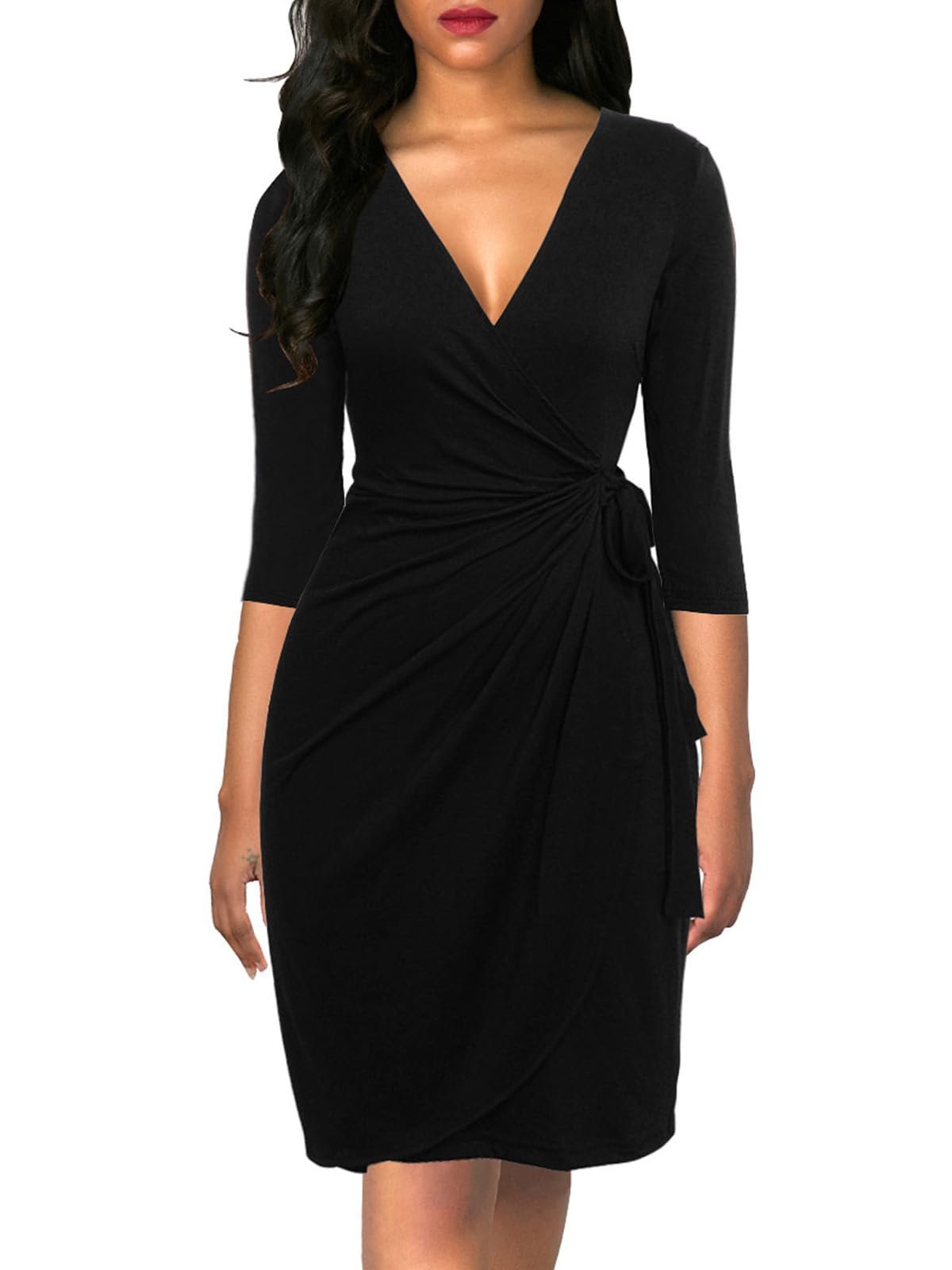 Berydress Women's Classic 3/4 Sleeve V Neck Sheath Casual Party Work Faux Black Wrap Dress - Product Image