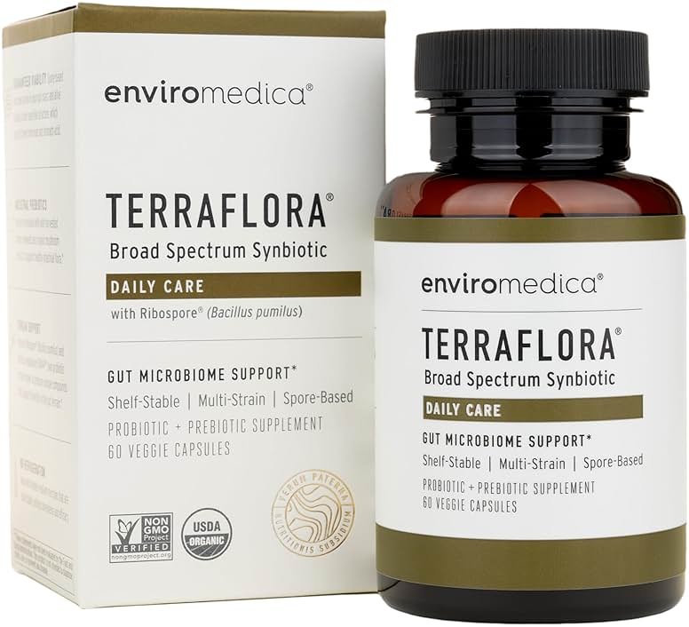 Terraflora Daily Care synbiotic of probiotics and prebiotics for Women and Men 60 ct, Soil Based, Shelf Stable, allergen Friendly Spore Based Supplement Capsules Promote Gut Health by Enviromedica - Product Image