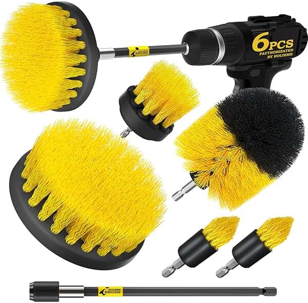 Holikme 6Pack Drill Brush Power Scrubber Cleaning Brush Extended Long Attachment Set All Purpose Drill Scrub Brushes Kit for Grout, Floor, Tub, Bathroom and Kitchen Surface,Scratch Brushes(Yellow) - Product Image