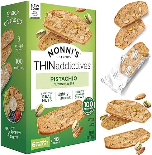 Nonni's THINaddictives Almond Thin Cookies, Pistachio Almond Biscotti, Sweet Crunchy & Chewy, Individually Wrapped, Kosher Snack, Perfect with Coffee, 4.4 oz (6 pack of 3 crisps each) - Product Image