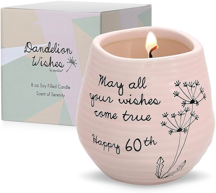Pavilion - 8 Oz Candle Holder - Pink Ceramic Candle Jar with 100% Soy Wax Candle Serenity Scent "May all your wishes come true Happy 60th" Ideal Gift for Loved Ones - Printed Text, Love Theme & Oval - Product Image