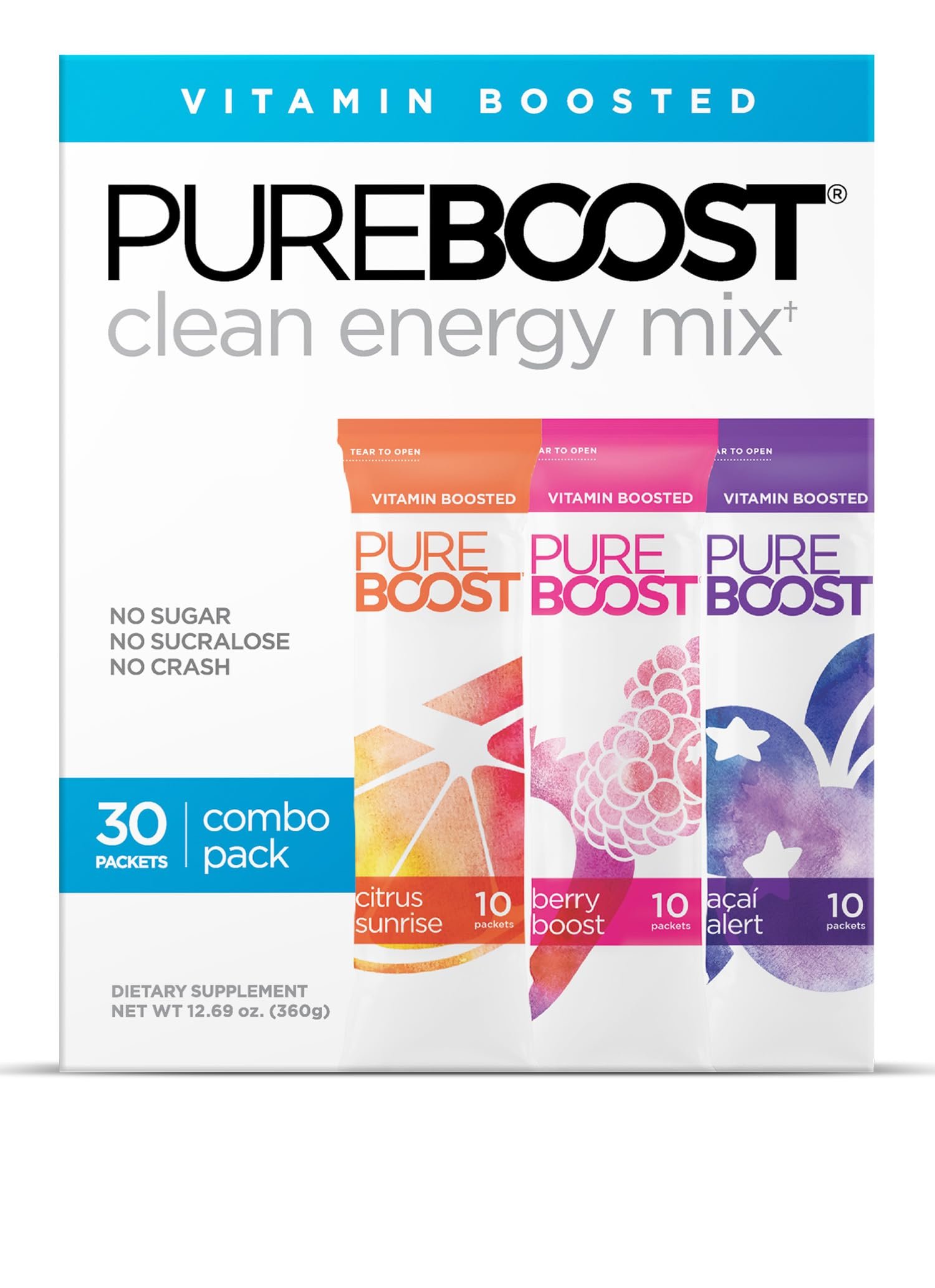 Pureboost Sugar-Free Clean Energy Booster, Combo Pack 30 Count, Refreshing Energy Drink Mix with B12 Vitamins, Electrolytes, Antioxidants, No Sucralose - Product Image