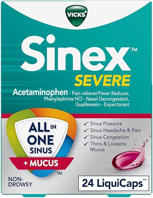 Vicks Sinex SEVERE, All-In-One Sinus + Mucus Relief, Non-Drowsy, Loosens Mucus, Maximum Strength Relief of Pain, Pressure, Congestion, & Headache Relief, 24 LiquiCaps - Product Image
