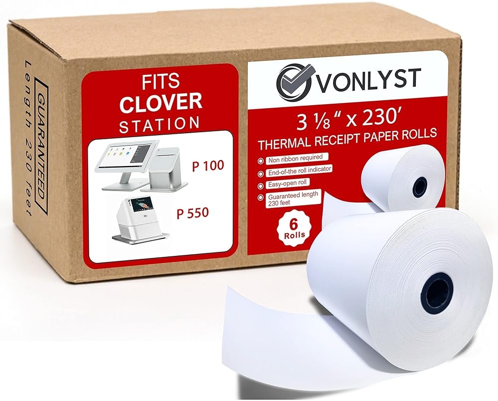 Vonlyst Clover Station Receipt Paper Rolls 3 1/8" x 230' (06 Pack) – Thermal Paper for Clover Station & Duo C505, Compatible P100 P500 P550 – BPA Free POS Printer Paper - Product Image