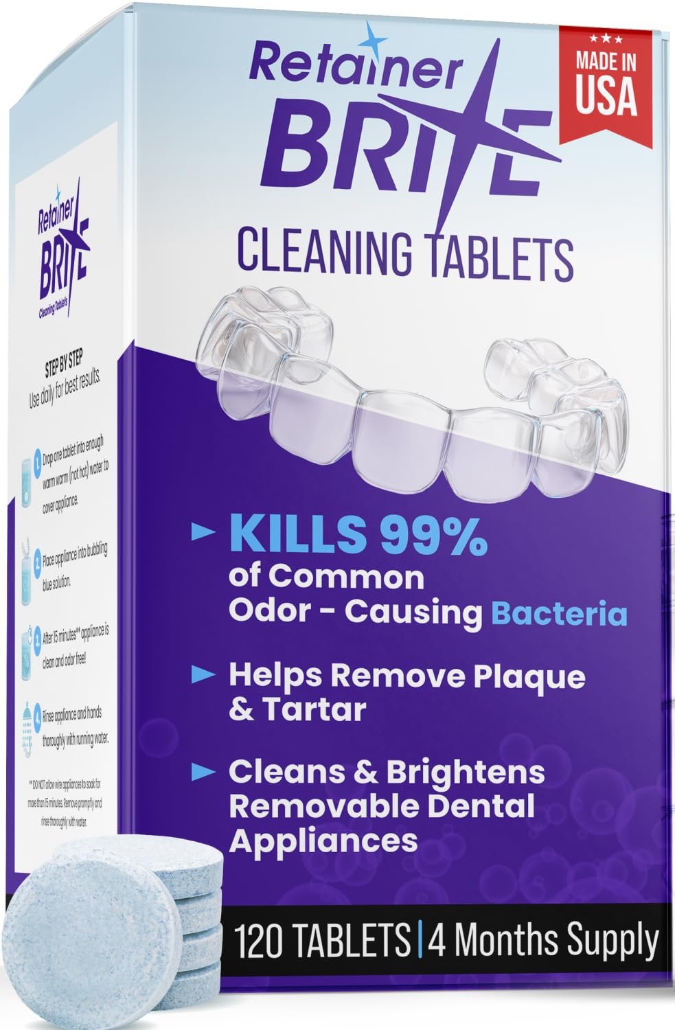 Retainer Brite - Retainer Cleaner Tablets for Invisalign, Mouth Guard Cleaner, Night Guard Cleaning and More. Cleaning Tablets for Ultrasonic Cleaners. 120 Tablets - 4 Month Supply. Made in USA - Product Image