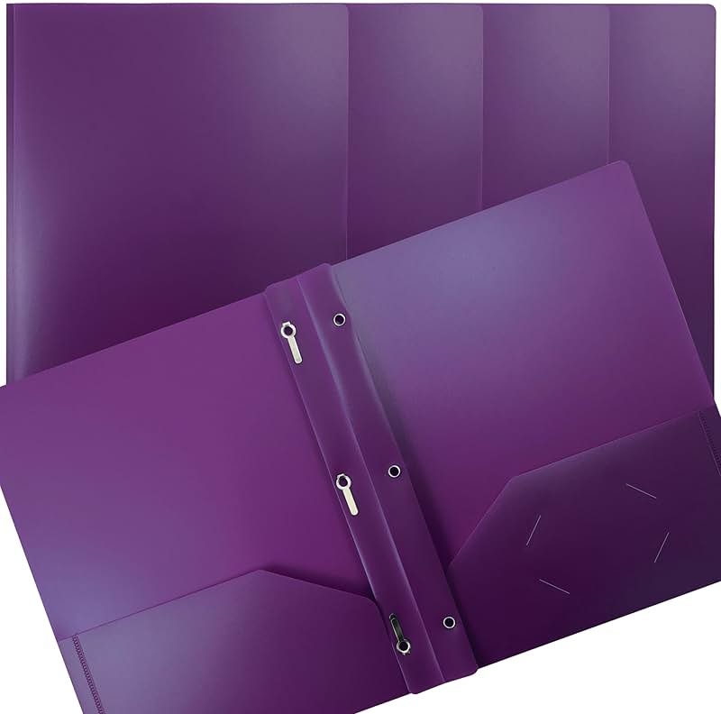 Better Office Products Purple Plastic 2 Pocket Folders with Prongs, Heavyweight, Letter Size Poly Folders, 24 Pack, with 3 Metal Prongs Fastener Clips, Purple - Product Image