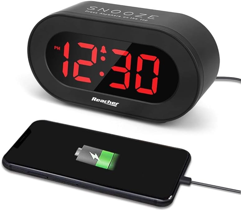 REACHER Small LED Digital Alarm Clock with Simple Operation, Full Range Brightness Dimmer, USB Phone Charger Port, Easy Snooze, Adjustable Alarm Volume, Outlet Powered for Bedrooms Bedside(Black) - Product Image